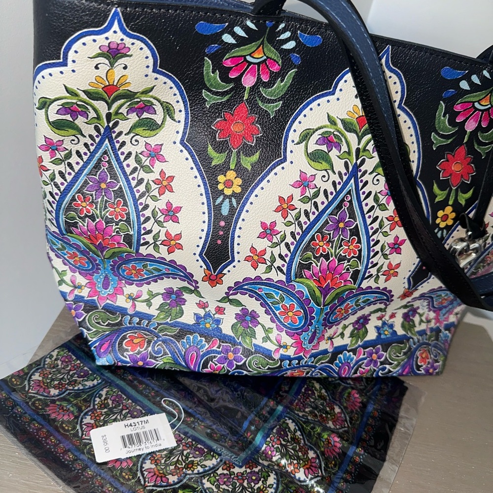 Brighton Tote Lotus Floral Journey to India Black Multicolor Handbag w/bonus - Picture 2 of 6
